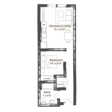 Rendering of the Minneapolis floor plan with 1 bedroom[s] and 1 bathroom[s] at EDIT at River North