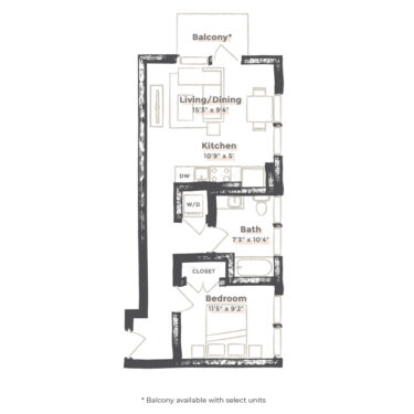 Rendering of the Kansas City floor plan with 1 bedroom[s] and 1 bathroom[s] at EDIT at River North