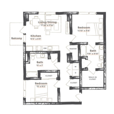 Rendering of the San Francisco floor plan with 2 bedroom[s] and 2 bathroom[s] at EDIT at River North