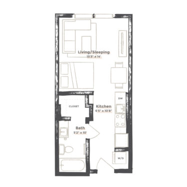 Rendering of the Idaho Falls floor plan with a Studio bedroom and 1 bathroom[s] at EDIT at River North