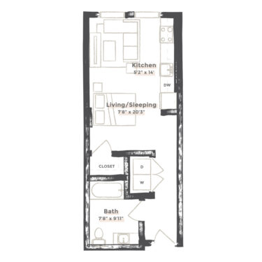 Rendering of the Salt Lake City floor plan with a Studio bedroom and 1 bathroom[s] at EDIT at River North