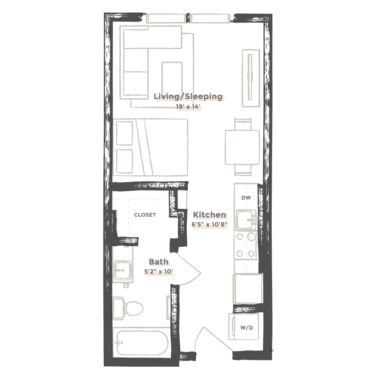 Rendering of the Pasadena floor plan with a Studio bedroom and 1 bathroom[s] at EDIT at River North