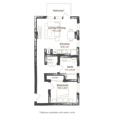 Rendering of the Memphis floor plan with 1 bedroom[s] and 1 bathroom[s] at EDIT at River North