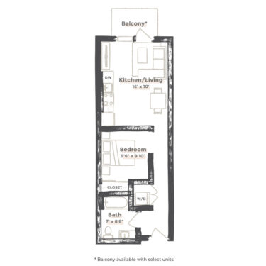 Rendering of the New Orleans floor plan with 1 bedroom[s] and 1 bathroom[s] at EDIT at River North