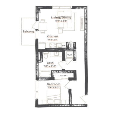 Rendering of the Sacramento floor plan with 1 bedroom[s] and 1 bathroom[s] at EDIT at River North