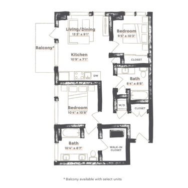 Rendering of the Las Vegas floor plan with 2 bedroom[s] and 2 bathroom[s] at EDIT at River North