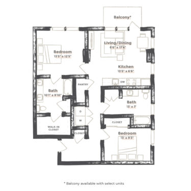 Rendering of the Chicago floor plan with 2 bedroom[s] and 2 bathroom[s] at EDIT at River North