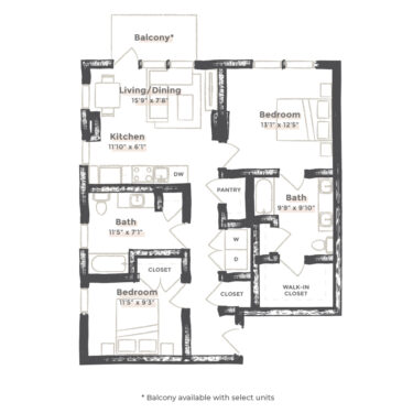 Rendering of the Los Angeles floor plan with 2 bedroom[s] and 2 bathroom[s] at EDIT at River North