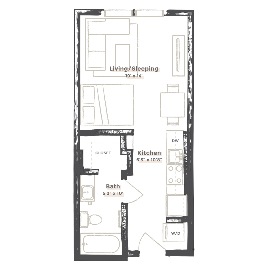 Rendering of the Pasadena floor plan with a Studio bedroom and 1 bathroom[s] at EDIT at River North