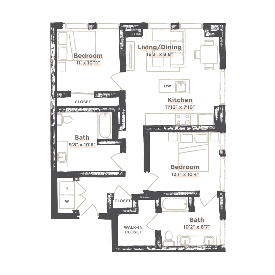 Rendering of the Portland (Alt) floor plan with 2 bedroom[s] and 2 bathroom[s] at EDIT at River North