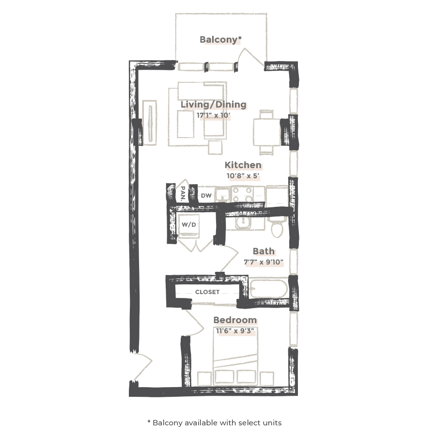 Rendering of the Memphis floor plan with 1 bedroom[s] and 1 bathroom[s] at EDIT at River North