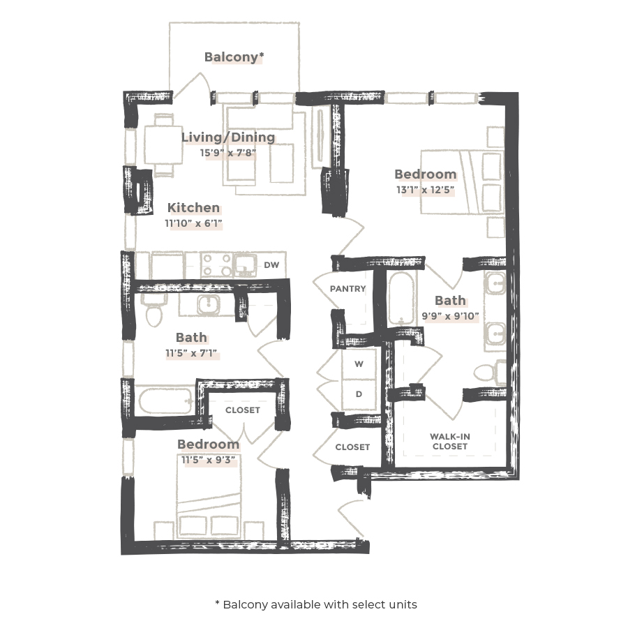 Rendering of the Los Angeles floor plan with 2 bedroom[s] and 2 bathroom[s] at EDIT at River North