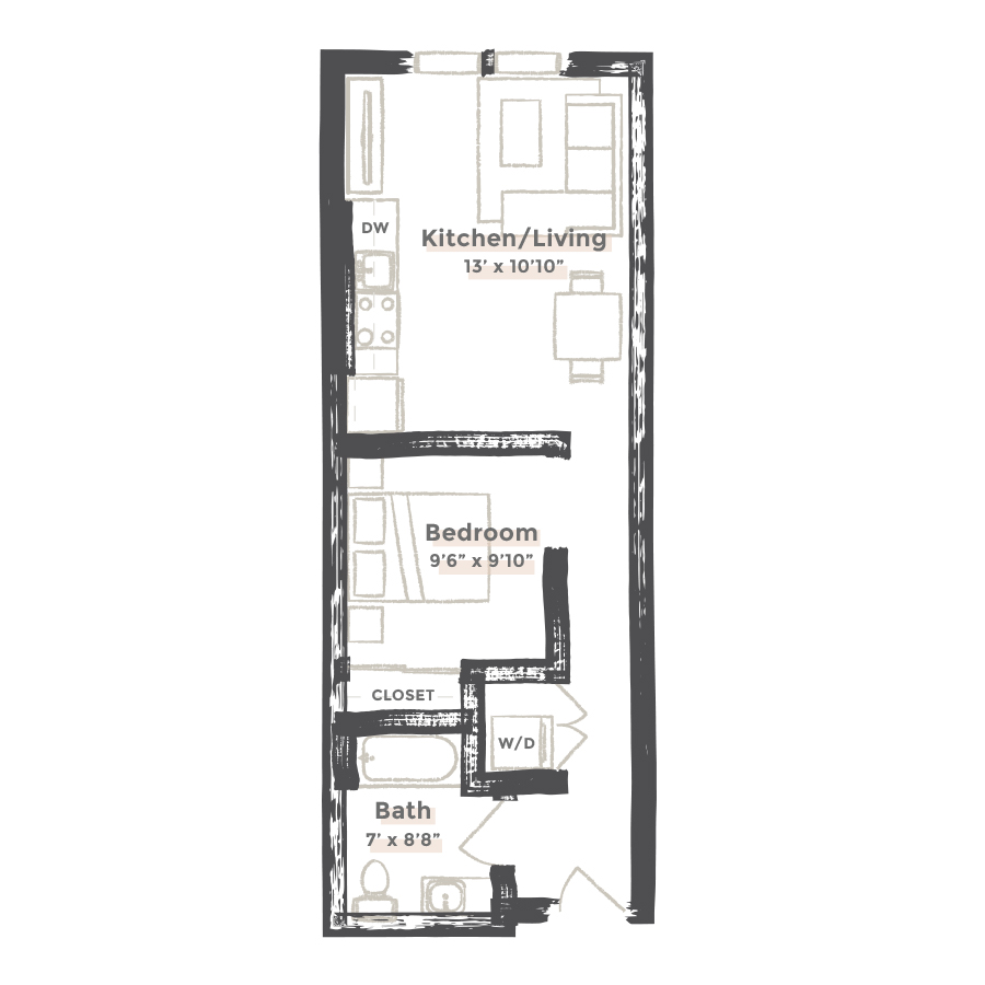 Rendering of the St. Louis floor plan with 1 bedroom[s] and 1 bathroom[s] at EDIT at River North