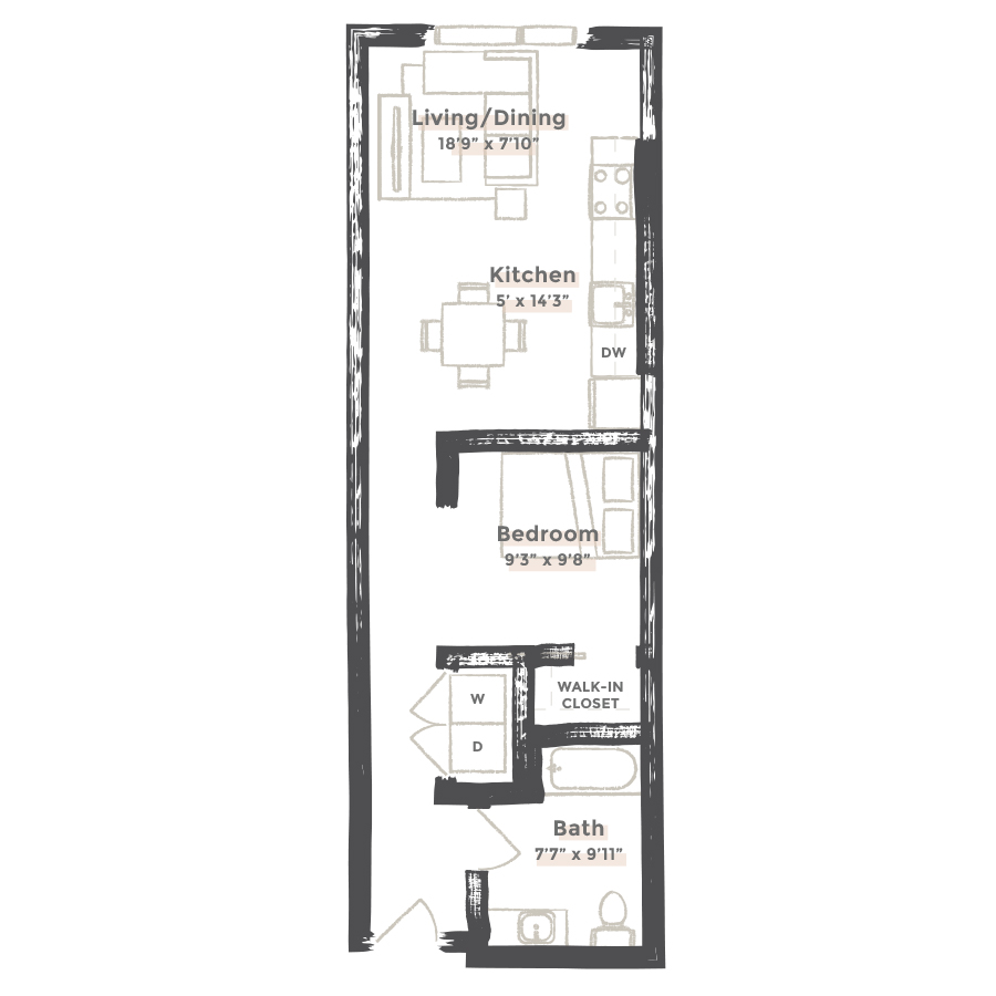 Rendering of the Omaha floor plan with 1 bedroom[s] and 1 bathroom[s] at EDIT at River North