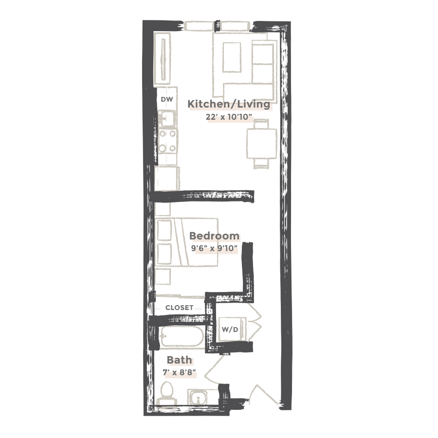 Rendering of the Long Beach floor plan with 1 bedroom[s] and 1 bathroom[s] at EDIT at River North