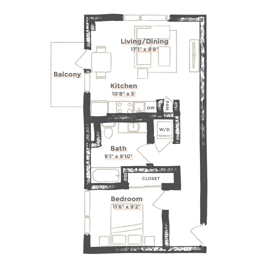 Rendering of the Sacramento floor plan with 1 bedroom[s] and 1 bathroom[s] at EDIT at River North