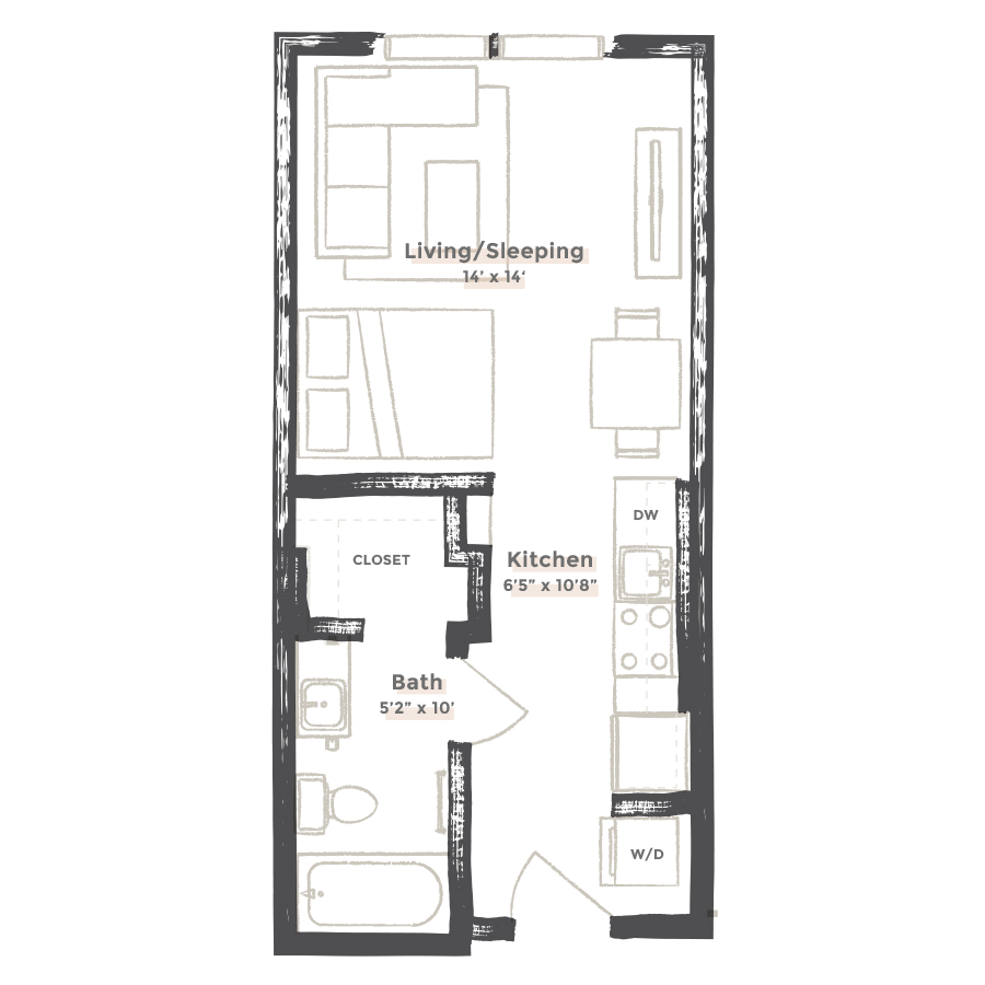 Rendering of the Cheyenne floor plan with a Studio bedroom and 1 bathroom[s] at EDIT at River North