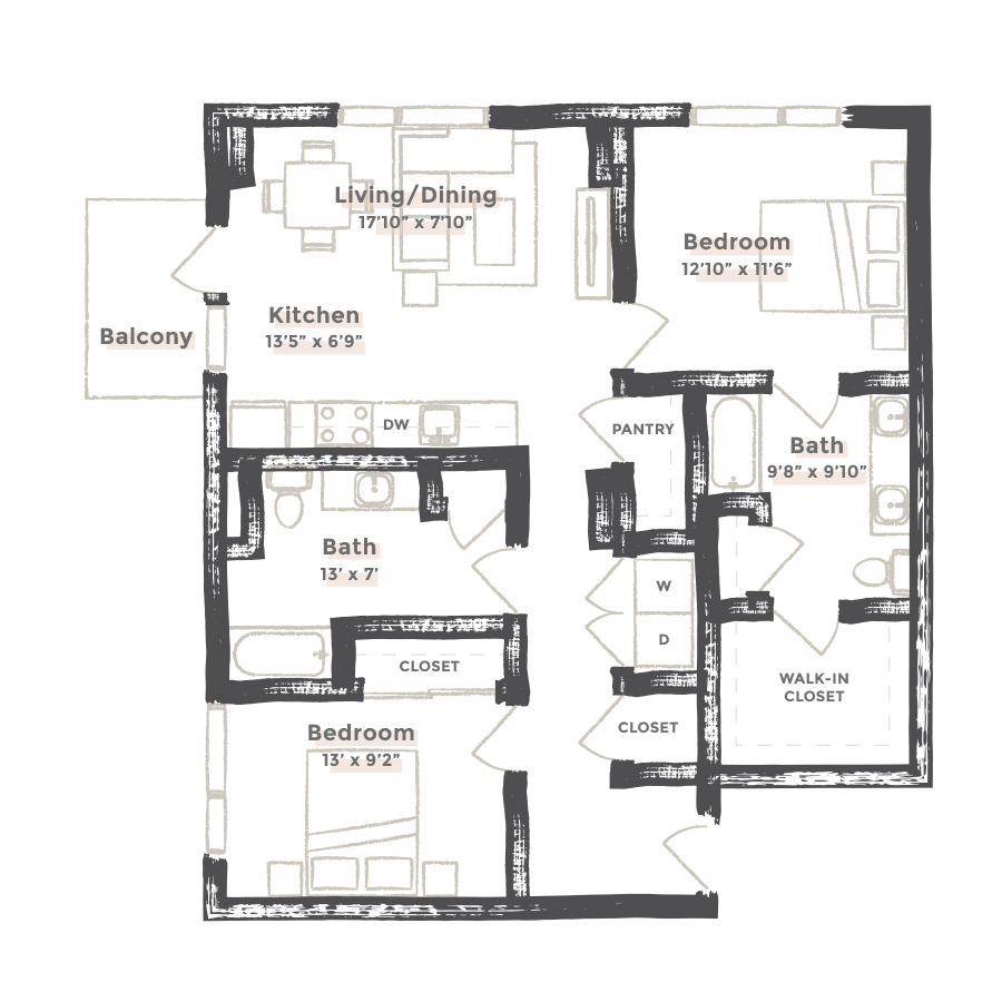 Rendering of the San Francisco floor plan with 2 bedroom[s] and 2 bathroom[s] at EDIT at River North