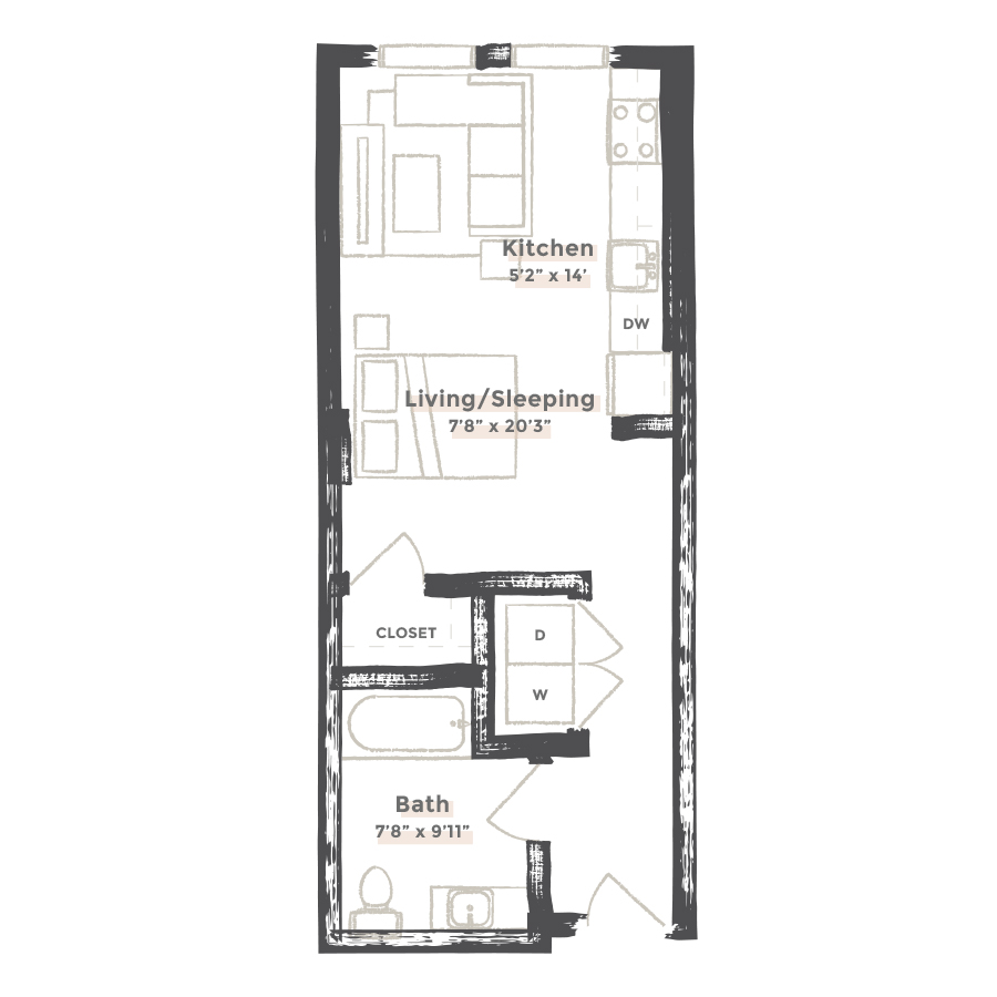 Rendering of the Salt Lake City floor plan with a Studio bedroom and 1 bathroom[s] at EDIT at River North