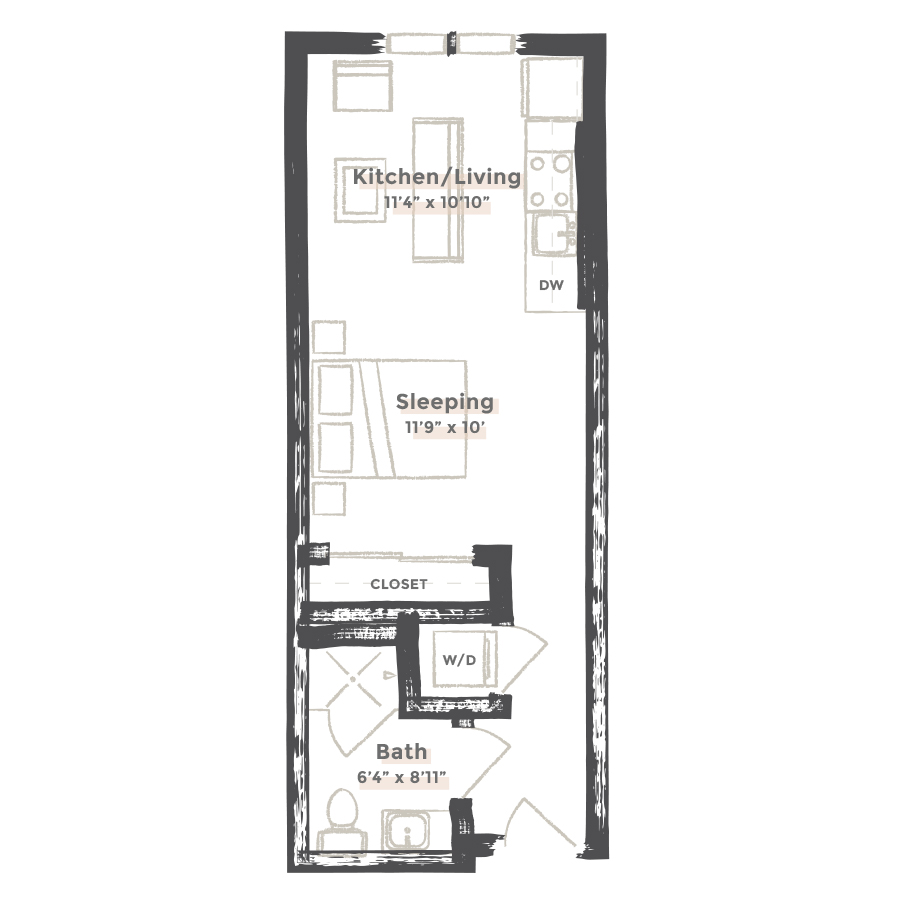 Rendering of the Reno floor plan with a Studio bedroom and 1 bathroom[s] at EDIT at River North