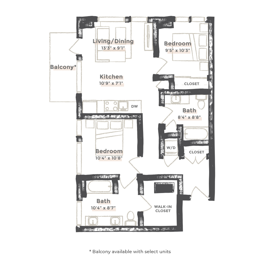 Rendering of the Las Vegas floor plan with 2 bedroom[s] and 2 bathroom[s] at EDIT at River North