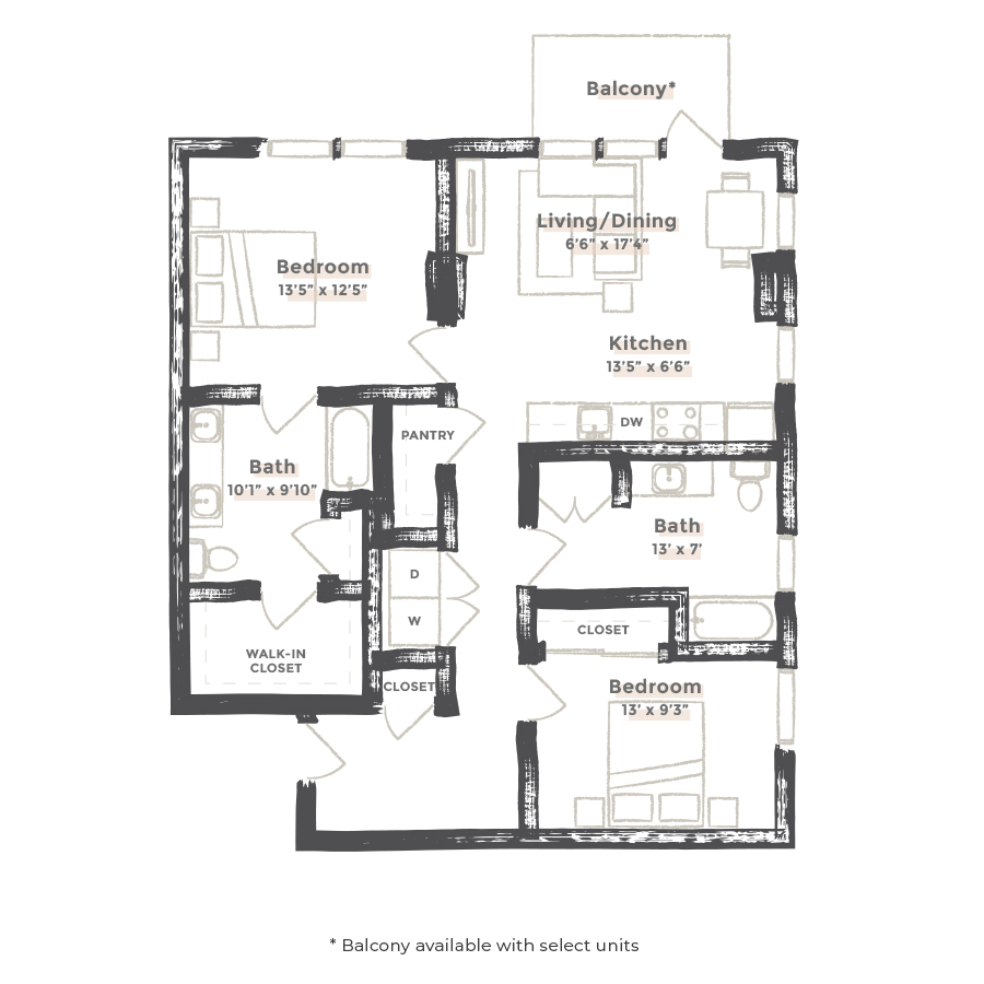 Rendering of the Chicago floor plan with 2 bedroom[s] and 2 bathroom[s] at EDIT at River North