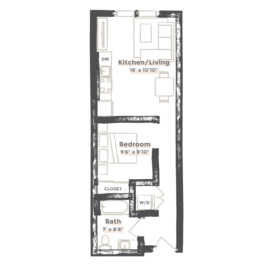 Rendering of the Minneapolis floor plan with 1 bedroom[s] and 1 bathroom[s] at EDIT at River North