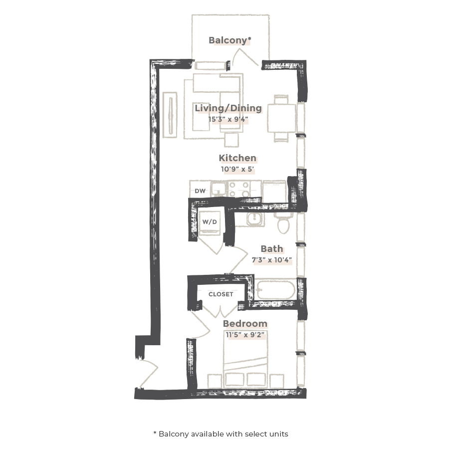 Rendering of the Kansas City floor plan with 1 bedroom[s] and 1 bathroom[s] at EDIT at River North