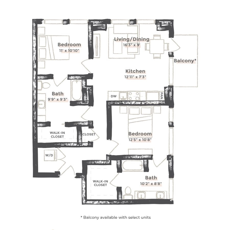 Rendering of the Portland floor plan with 2 bedroom[s] and 2 bathroom[s] at EDIT at River North